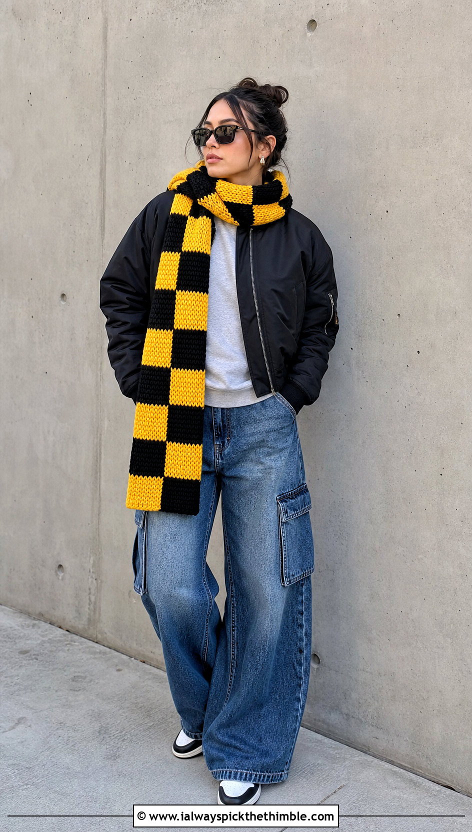 Checkerboard Crochet Scarf With Bomber Jacket - 20 autumn crochet scarf outfit ideas