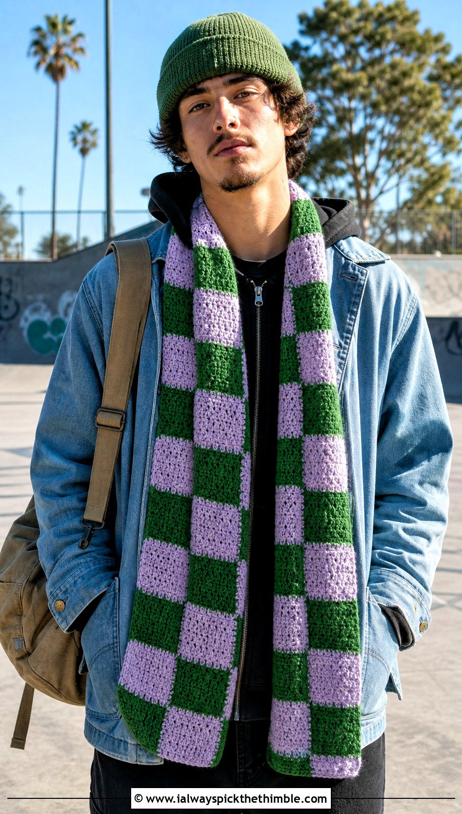 Checkerboard Crochet Scarf With Skate Outfit - 25 crochet scarf for men outfit ideas
