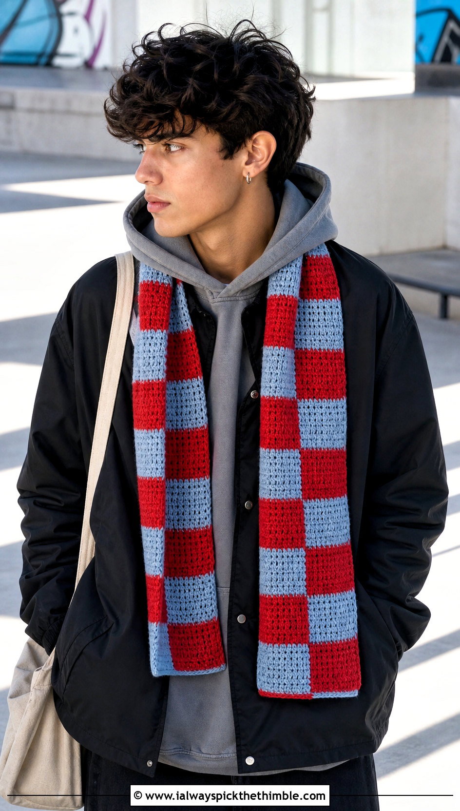Checkerboard Crochet Scarf With Skate Outfit - 20 men's crocheted scarf outfit ideas