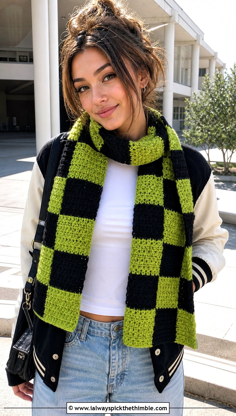 Checkerboard Crochet Scarf With Varsity Jacket - 25 cute crochet scarf outfit ideas