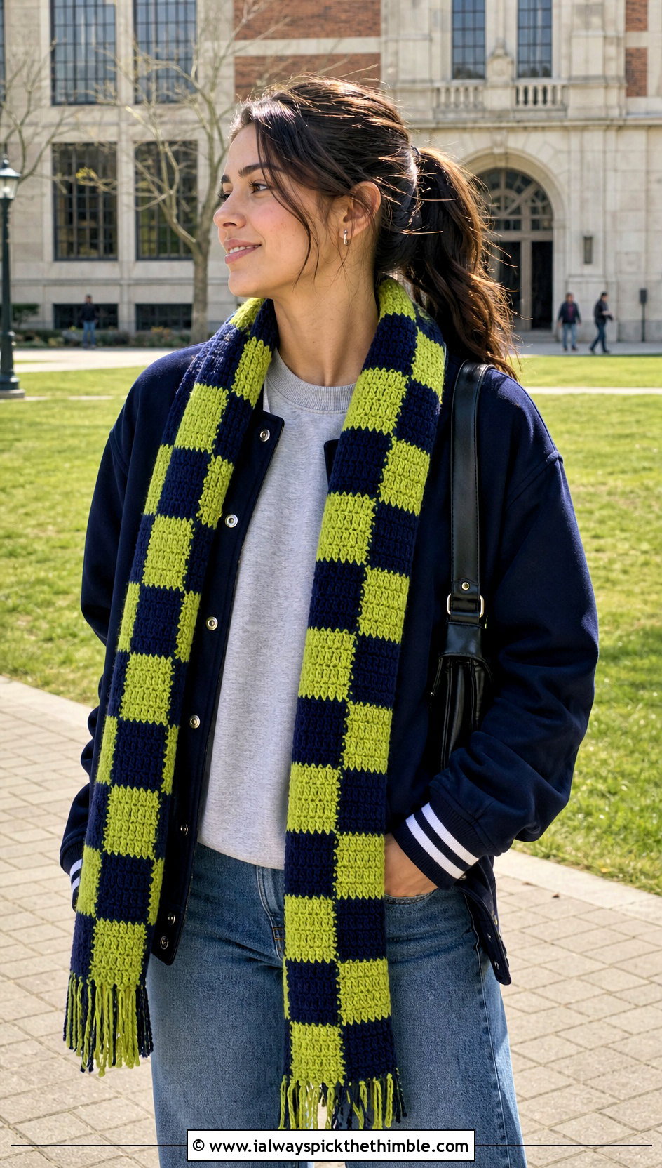 Checkerboard Crochet Scarf With Varsity Jacket - 20 Crochet Fun Scarf outfit ideas