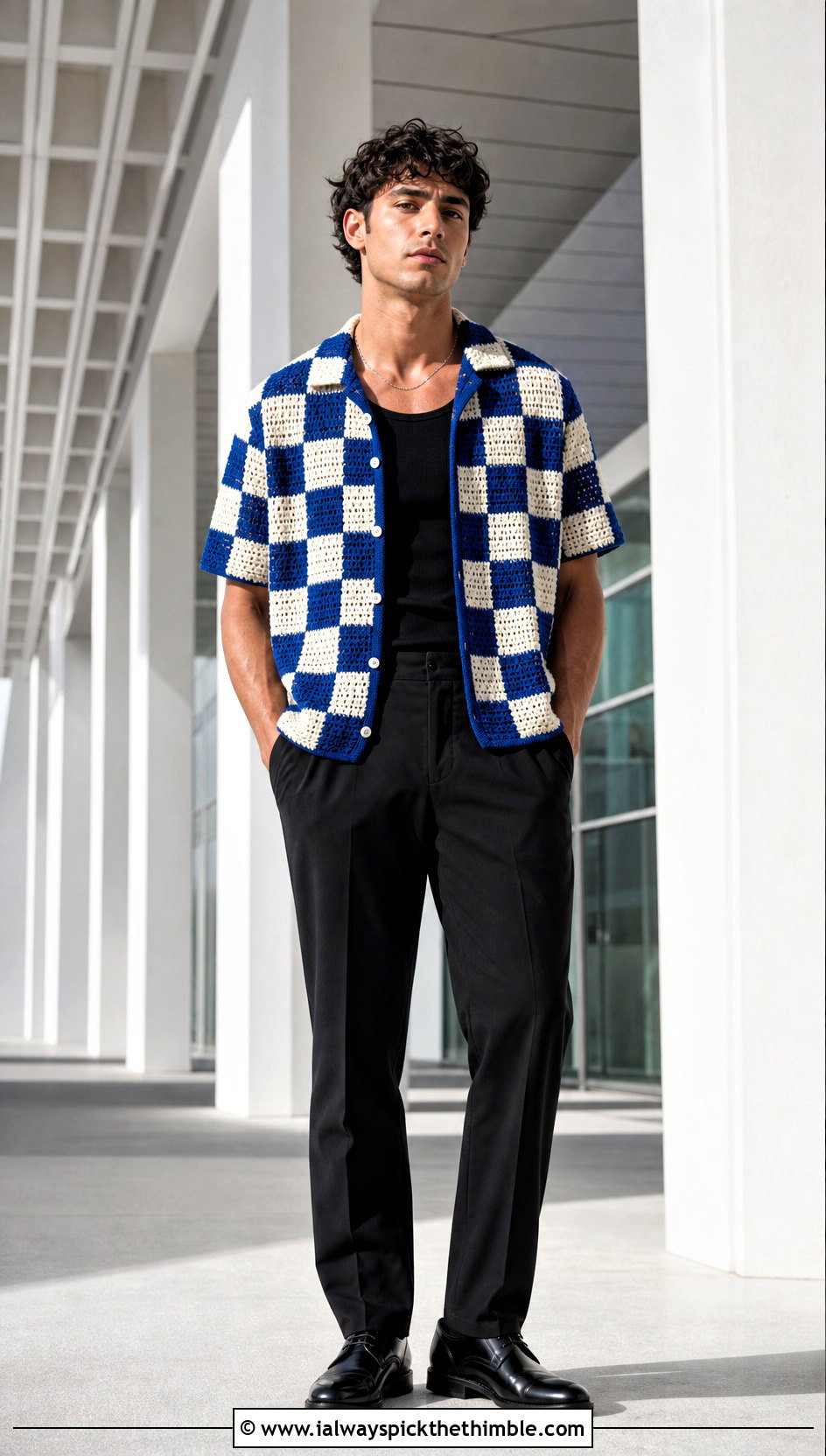 Checkerboard Crochet Shirt With Black Trousers - 25 crochet shirts for men outfit ideas