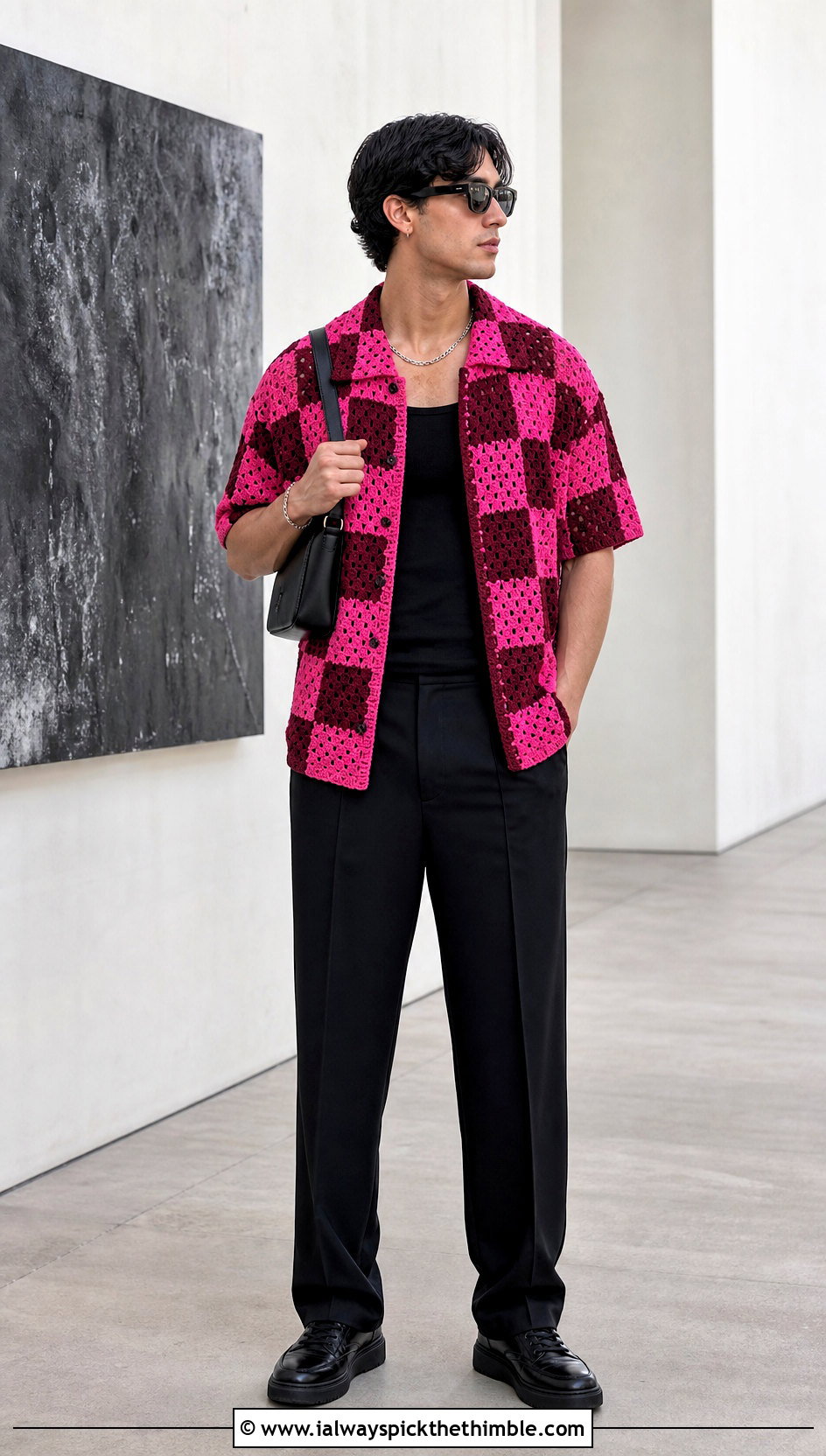 Checkerboard Crochet Shirt With Black Trousers - 25 crochet male shirt outfit ideas
