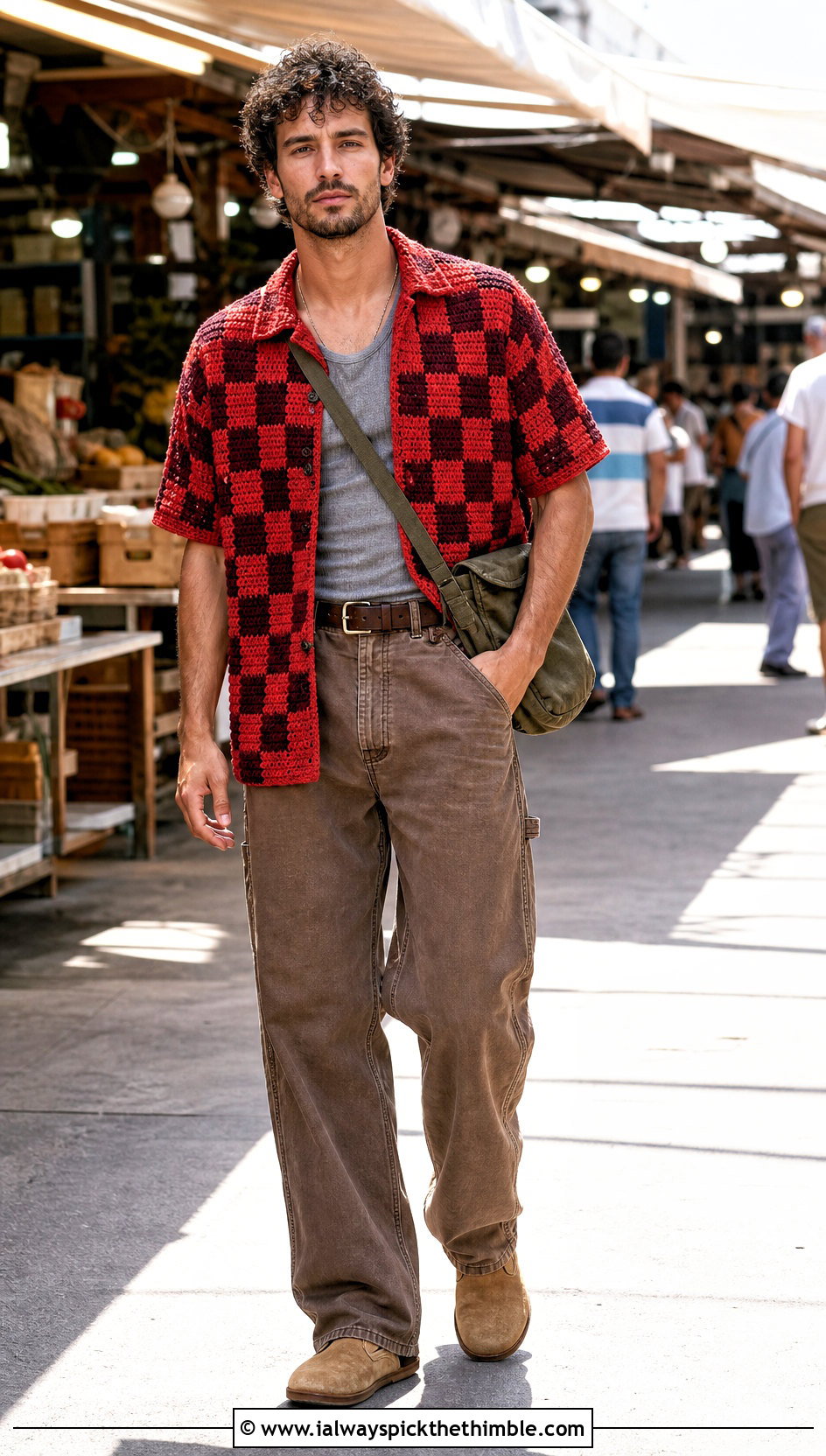 Checkerboard Crochet Shirt With Carpenter Pants - 25 men's crochet shirt outfit ideas