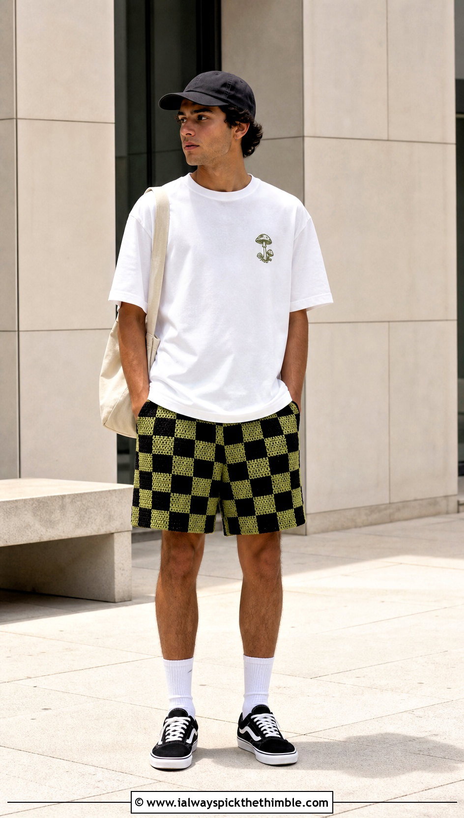 Checkerboard Crochet Shorts With Graphic T Shirt - 20 Crochet Shorts Mens outfit ideas