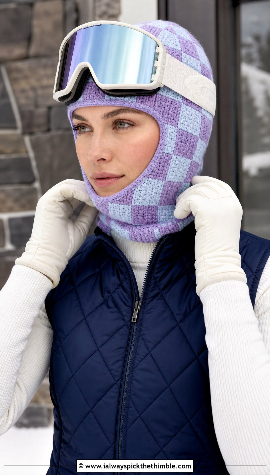 Checkerboard Crochet Ski Helmet Balaclava With Quilted Vest - 15 crochet ski helmet balaclava outfit ideas
