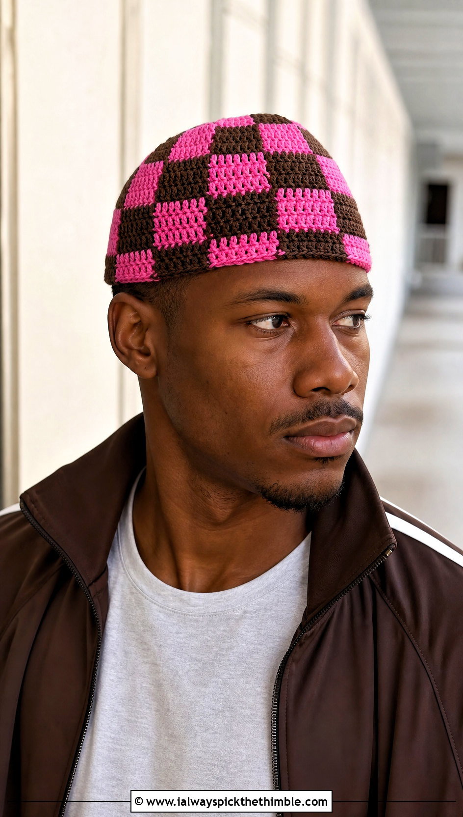 Checkerboard Crochet Skull Cap With Tracksuit - 20 Mens Crochet Skull Cap outfit ideas