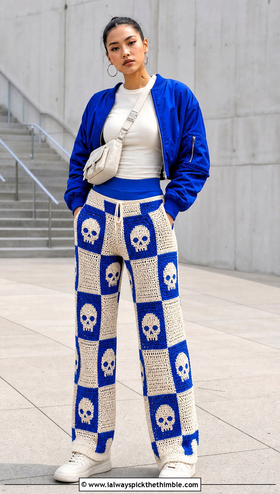 Checkerboard Crochet Skull Pants With Bomber Jacket - 20 Crochet Skull Pants outfit ideas