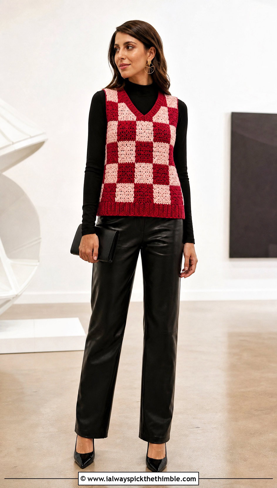Checkerboard Crochet Slipover Vest With Leather Pants - 15 crochet slip over vest outfit ideas