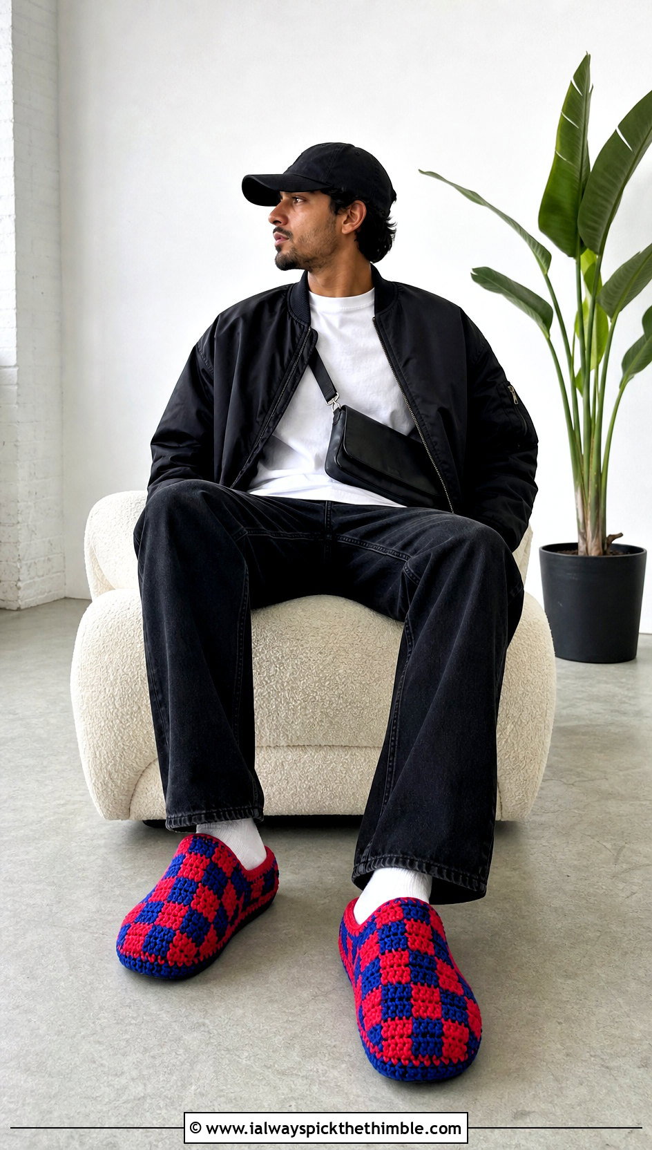 Checkerboard Crochet Slippers With Black Jeans - 25 mens crochet slippers outfit ideas