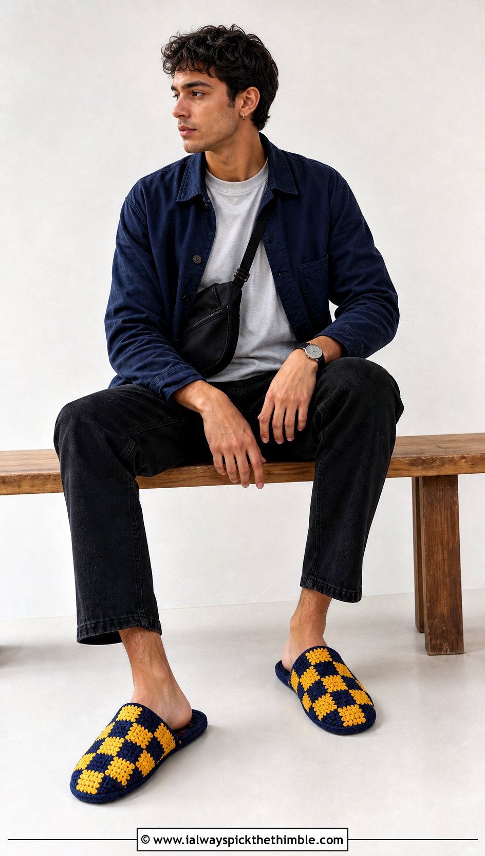Checkerboard Crochet Slippers With Overshirt And Black Jeans - 20 crochet slippers for men outfit ideas