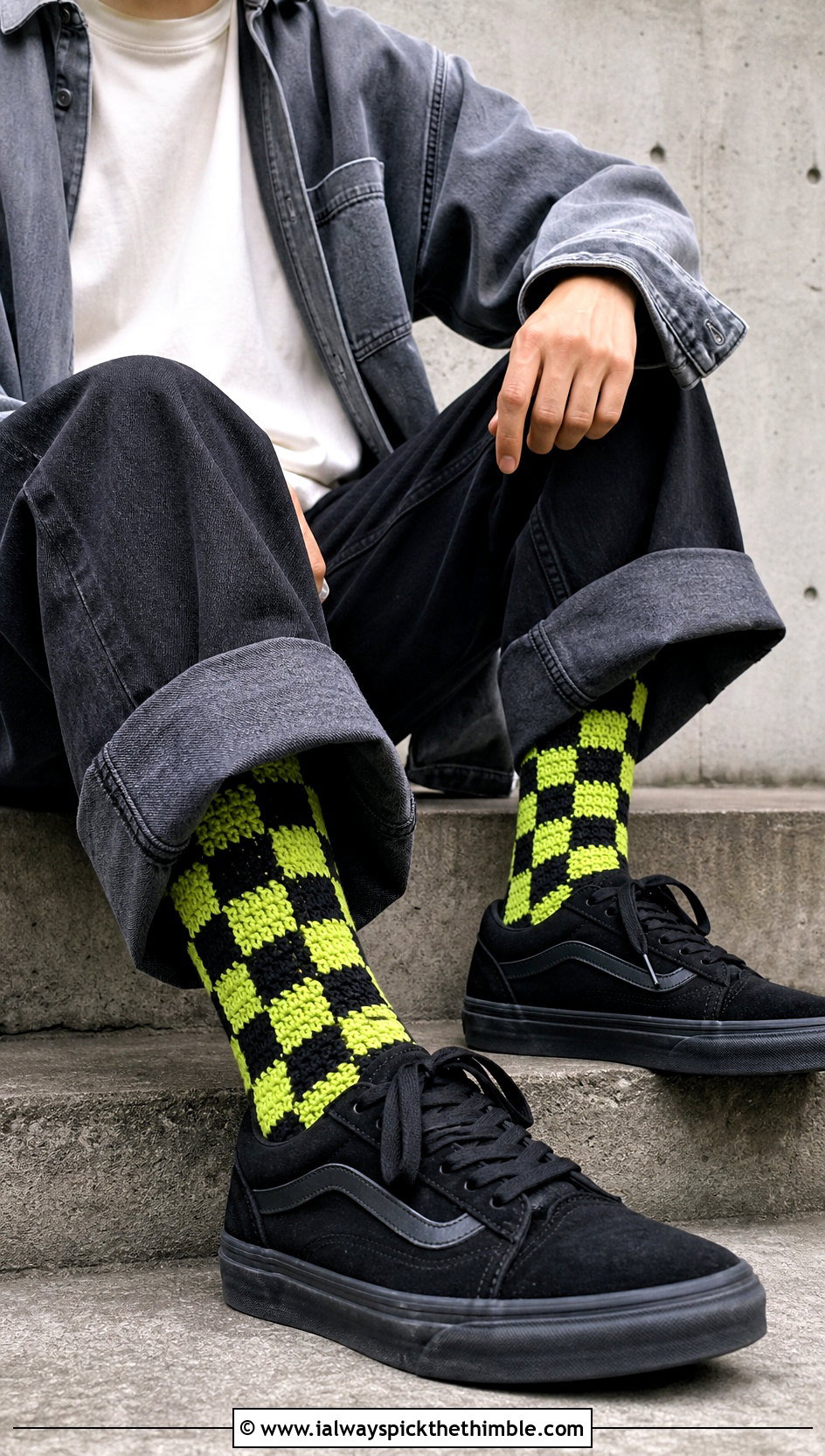 Checkerboard Crochet Socks With Oversized Streetwear - 25 crochet socks for men outfit ideas