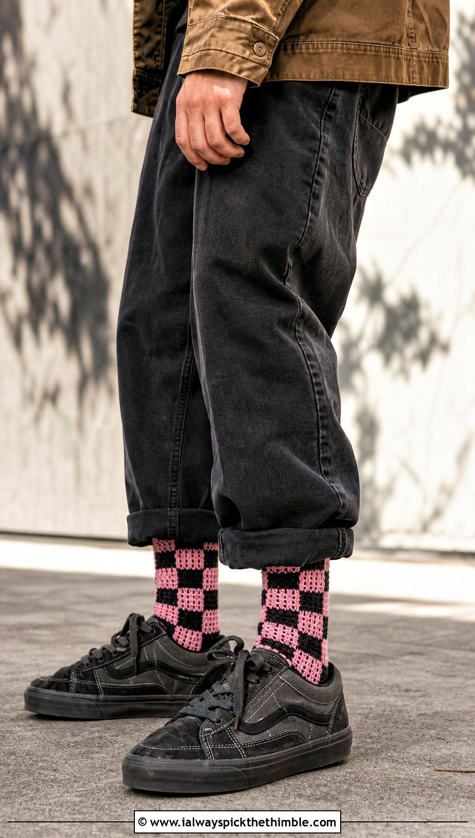 Checkerboard Crochet Socks With Skatewear - 20 men's crochet socks outfit ideas