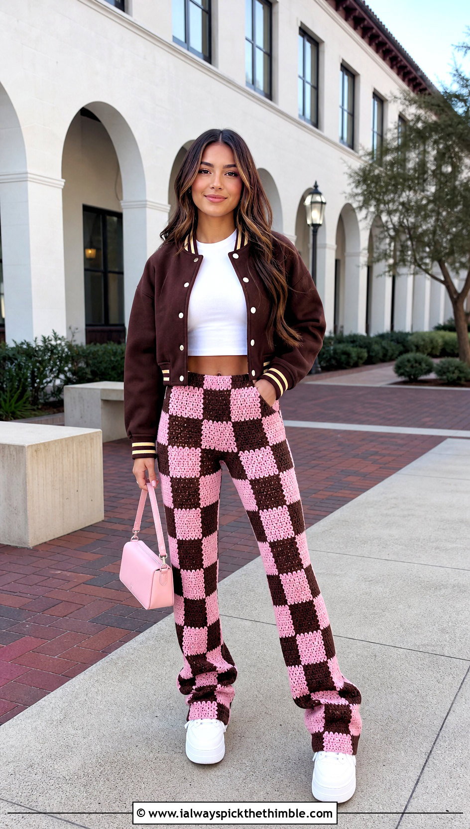 Checkerboard Crochet Stacked Pants With Varsity Jacket - 20 Crochet Stacked Pants outfit ideas