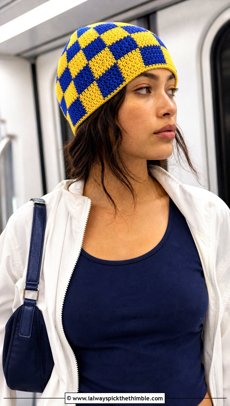 Checkerboard Crochet Stocking Cap With Track Jacket - 20 crochet stocking cap outfit ideas