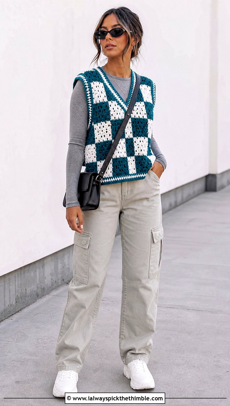 Checkerboard Crochet Sweater Vest With Cargo Pants - 15 crochet vest coats & jackets outfit ideas
