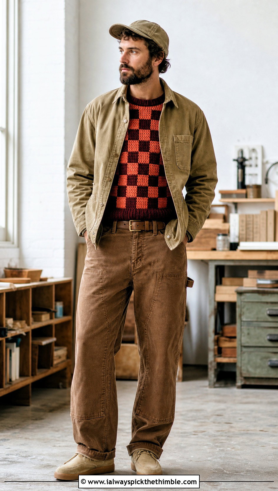 Checkerboard Crochet Sweater With Canvas Work Jacket - 25 men's crochet sweater ideas