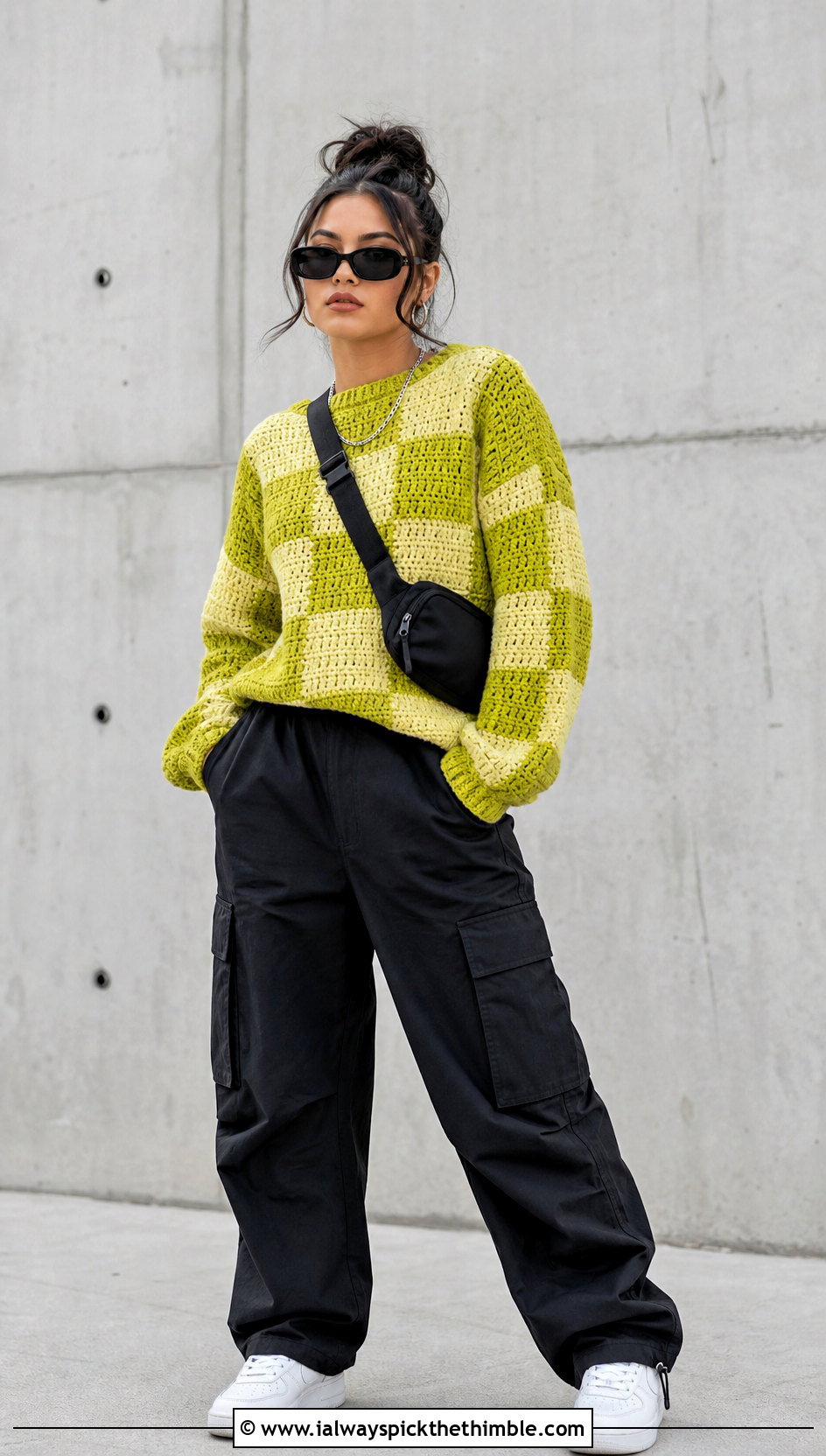 Checkerboard Crochet Sweater With Cargo Pants - 20 Patterned Crochet Sweater outfit ideas