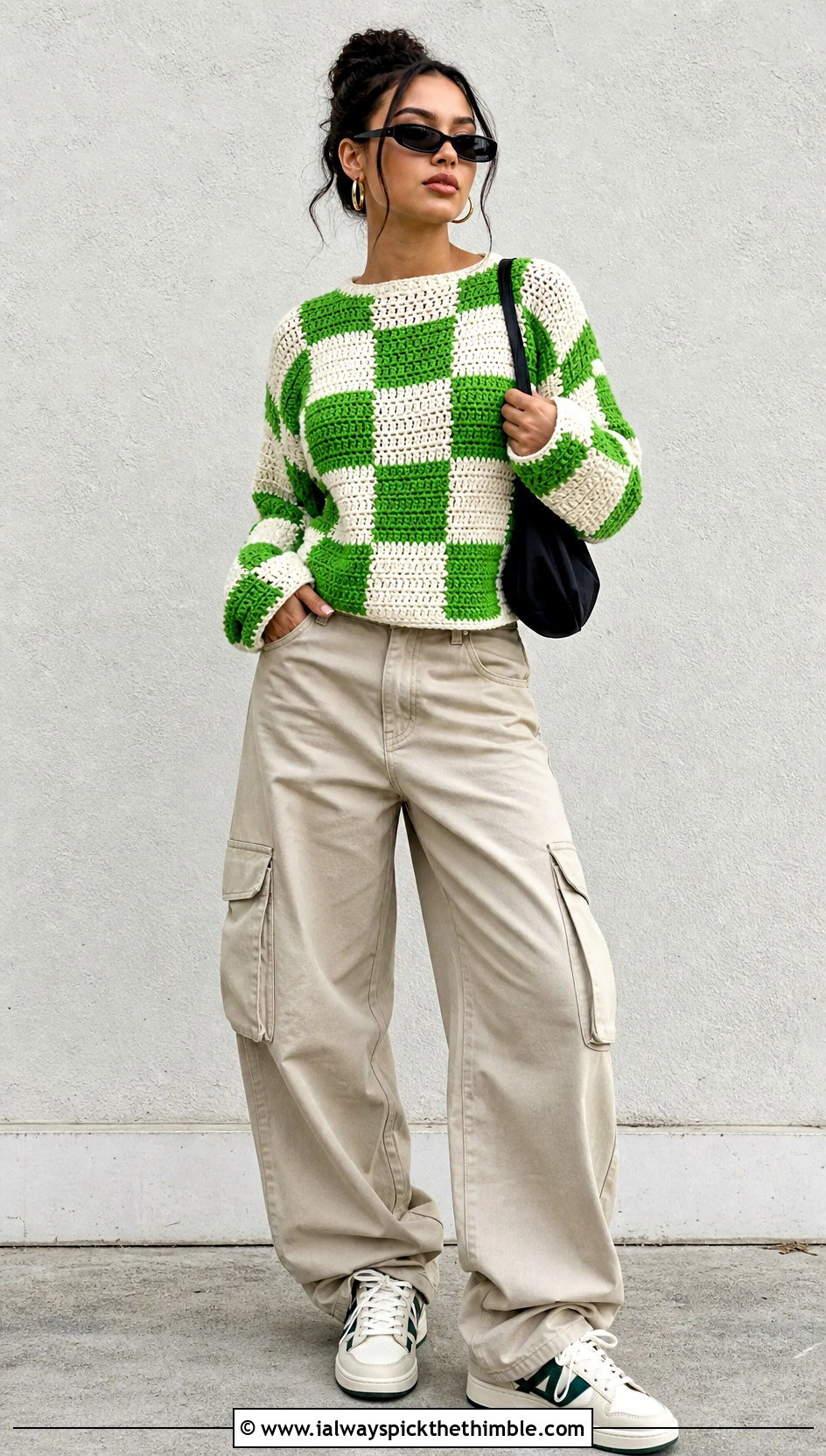 Checkerboard Crochet Sweater With Cargo Pants - 15 crochet sweater with geometric outfit ideas