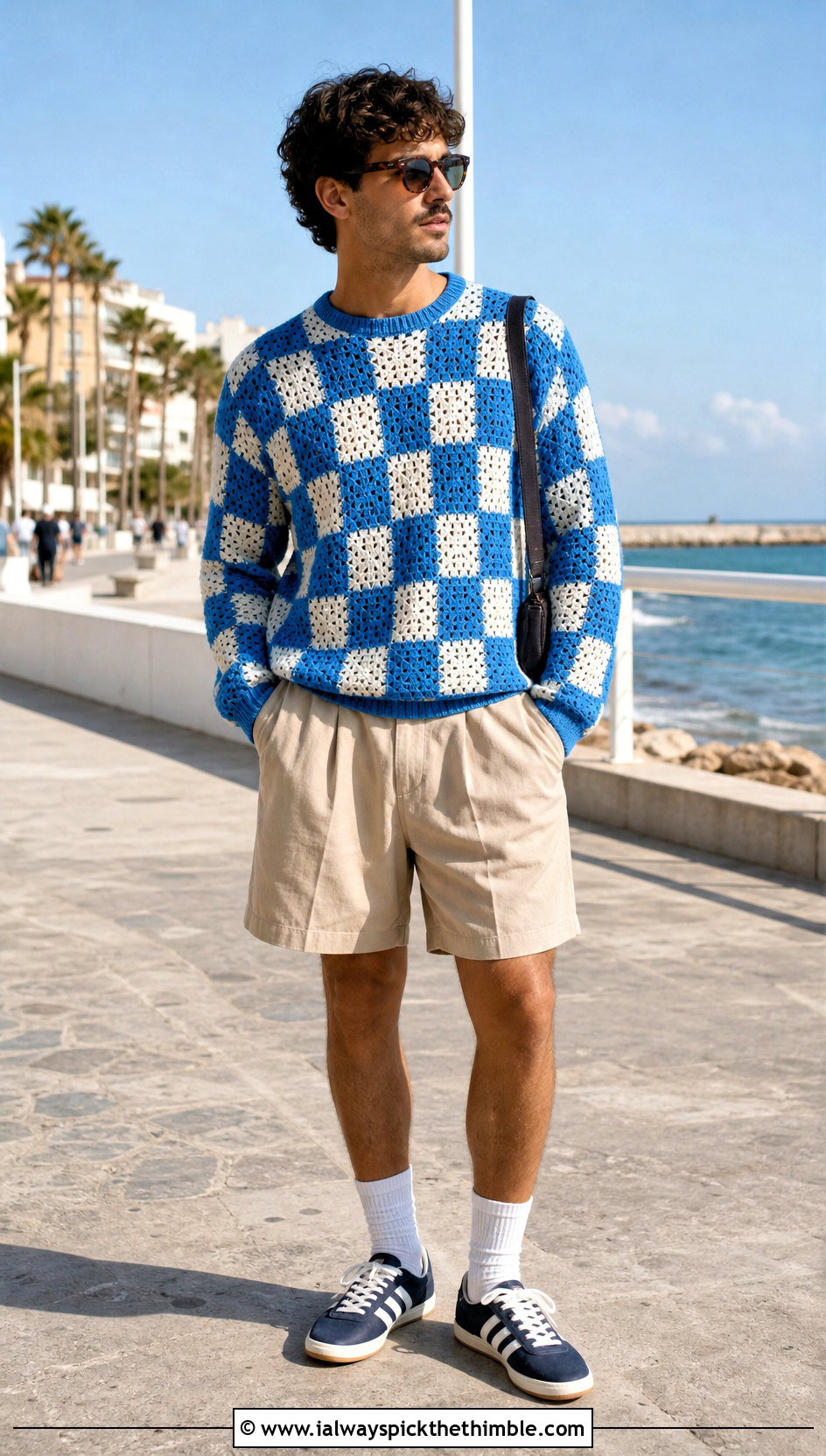 Checkerboard Crochet Sweater With Pleated Shorts - 25 crochet sweater for men outfit ideas