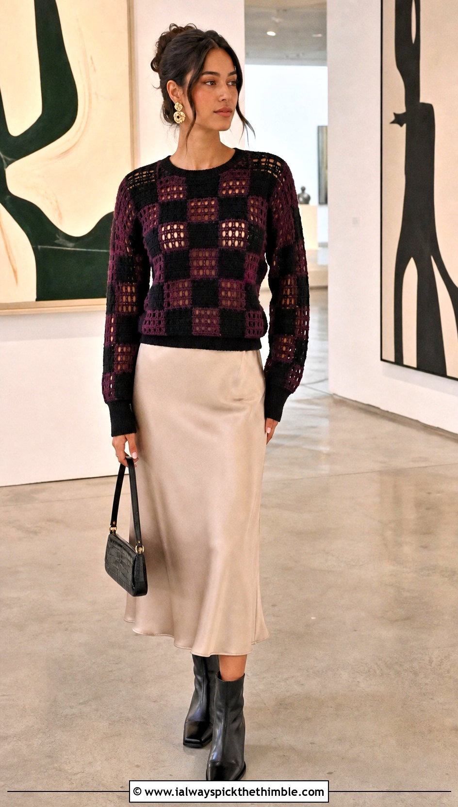 Checkerboard Crochet Sweater With Satin Midi Skirt - 20 90s crochet sweater outfit ideas