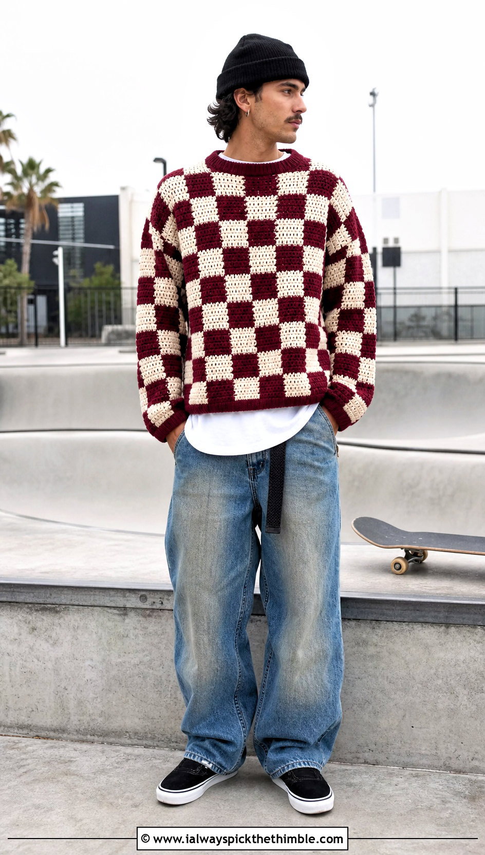 Checkerboard Crochet Sweater With Skate Jeans - 20 man crochet sweater outfit ideas