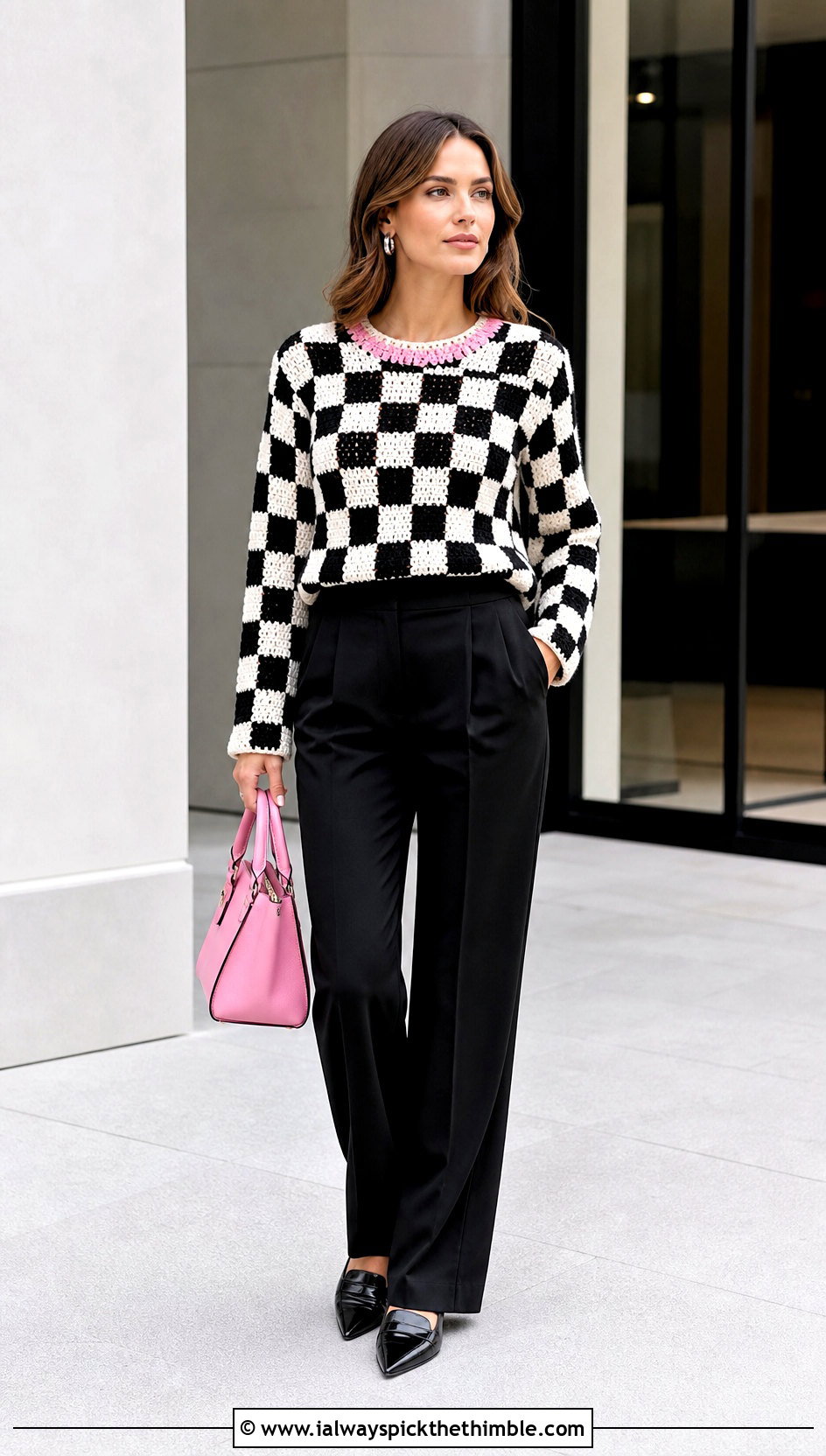 Checkerboard Crochet Sweater With Tailored Trousers - 25 black and white crochet sweater outfit ideas
