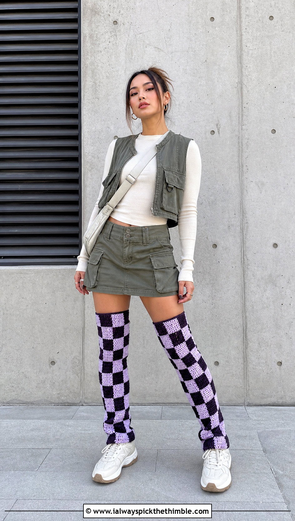 Checkerboard Crochet Thigh High Leg Warmers With Cargo Skirt - 20 Crochet Thigh High Leg Warmers outfit ideas