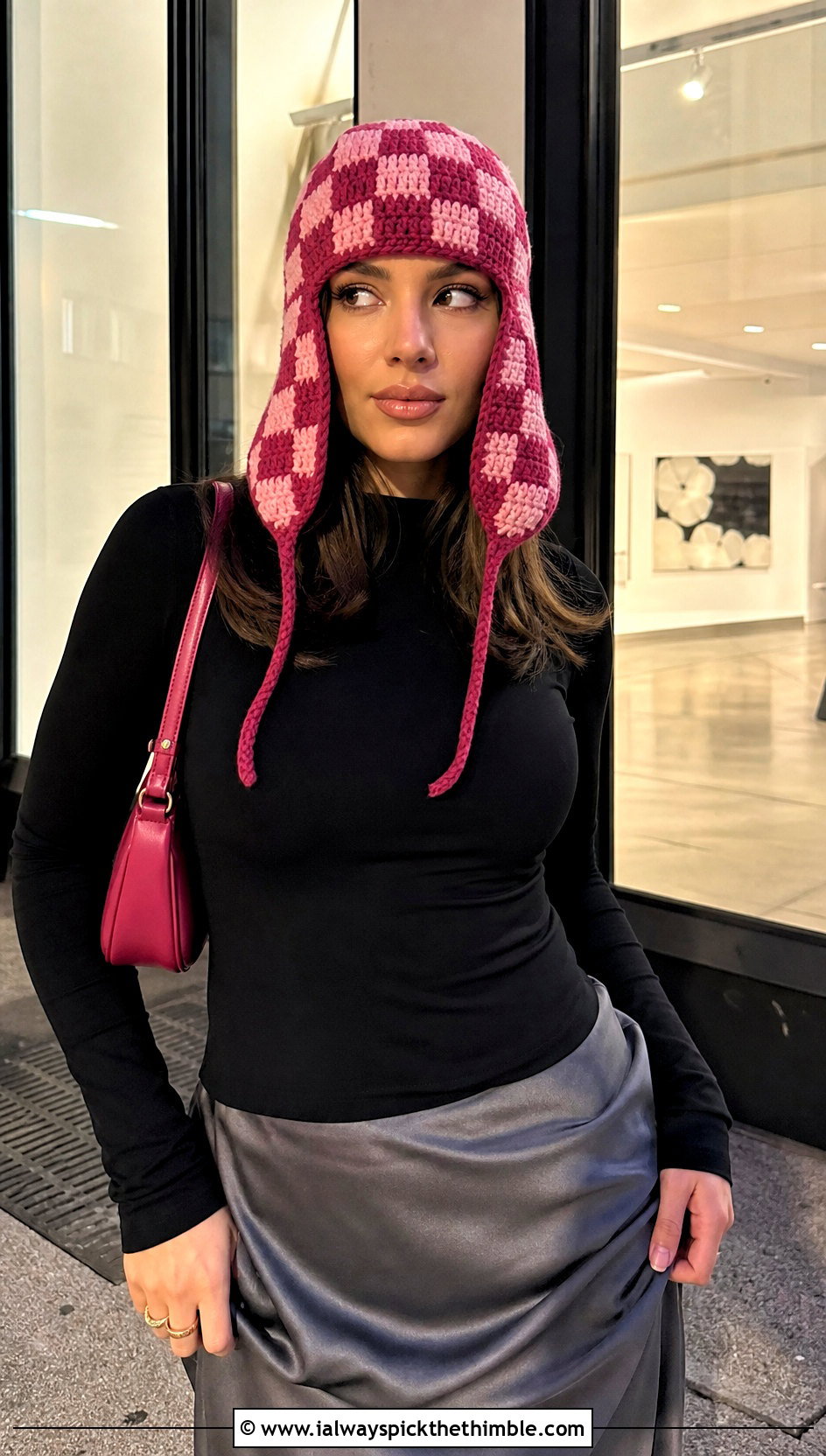 Checkerboard Crochet Trapper Hat With Satin Skirt - 25 Crochet Trapper Hat outfit ideas