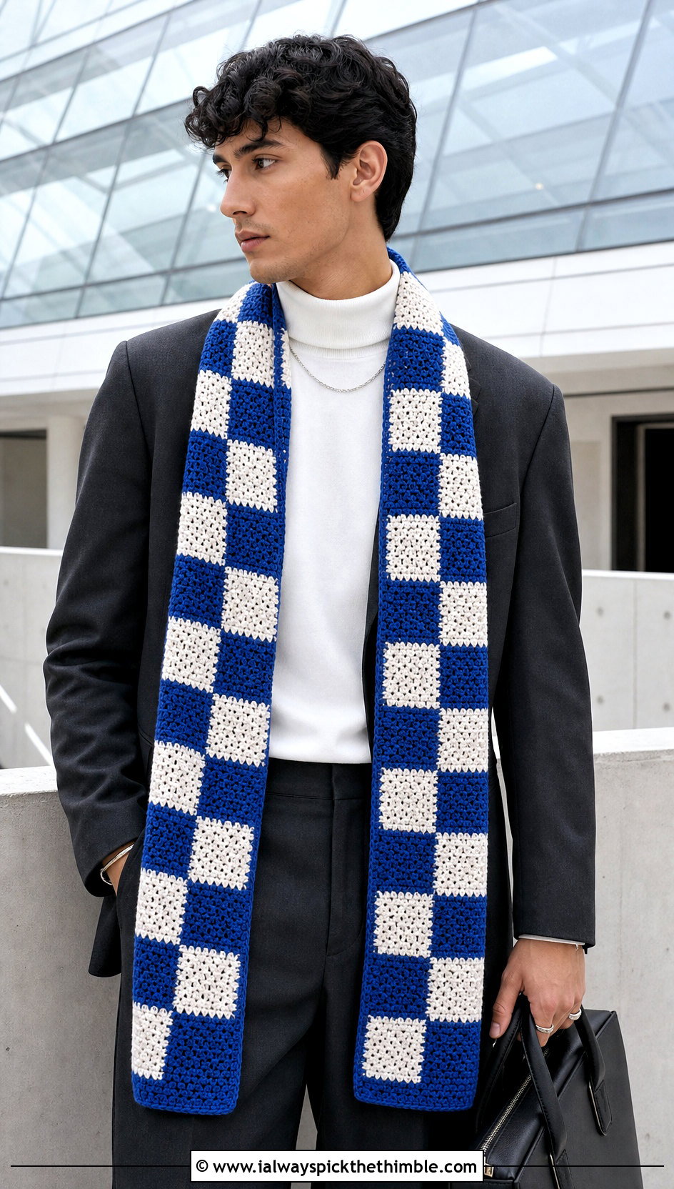 Checkerboard Crochet Unisex Scarf With Monochrome Suit - 15 Crochet Unisex Scarf outfit ideas