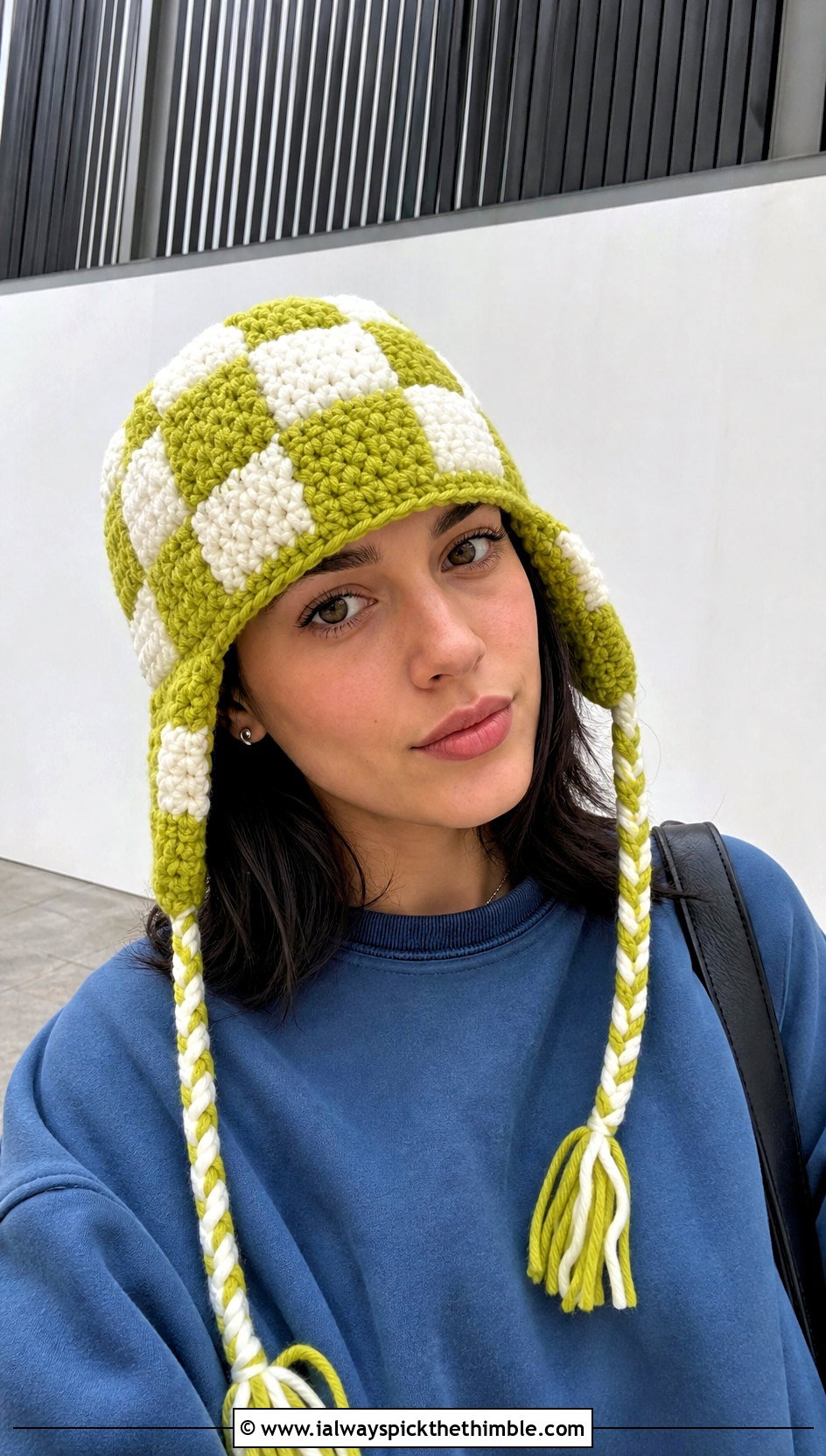 Checkerboard Crochet Ushanka Hat With Oversized Sweatshirt - 20 crochet ushanka hat outfit ideas