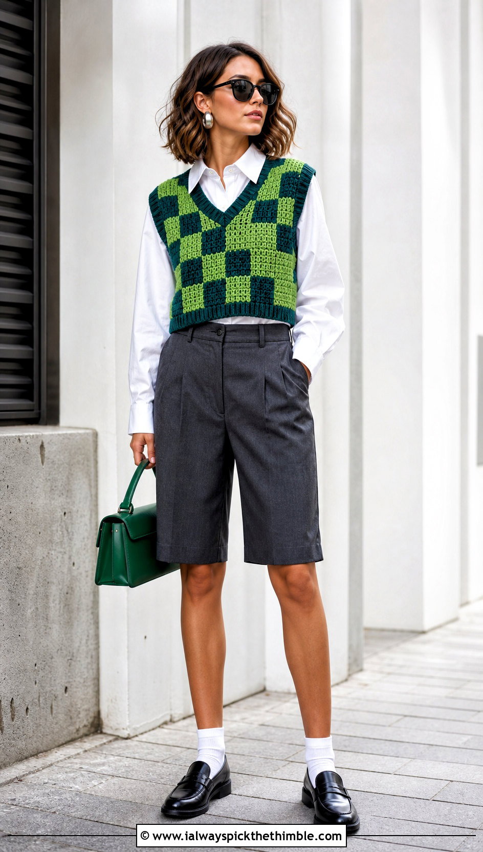 Checkerboard Crochet Vest Top With White Shirt - 25 two colors crochet top outfit ideas