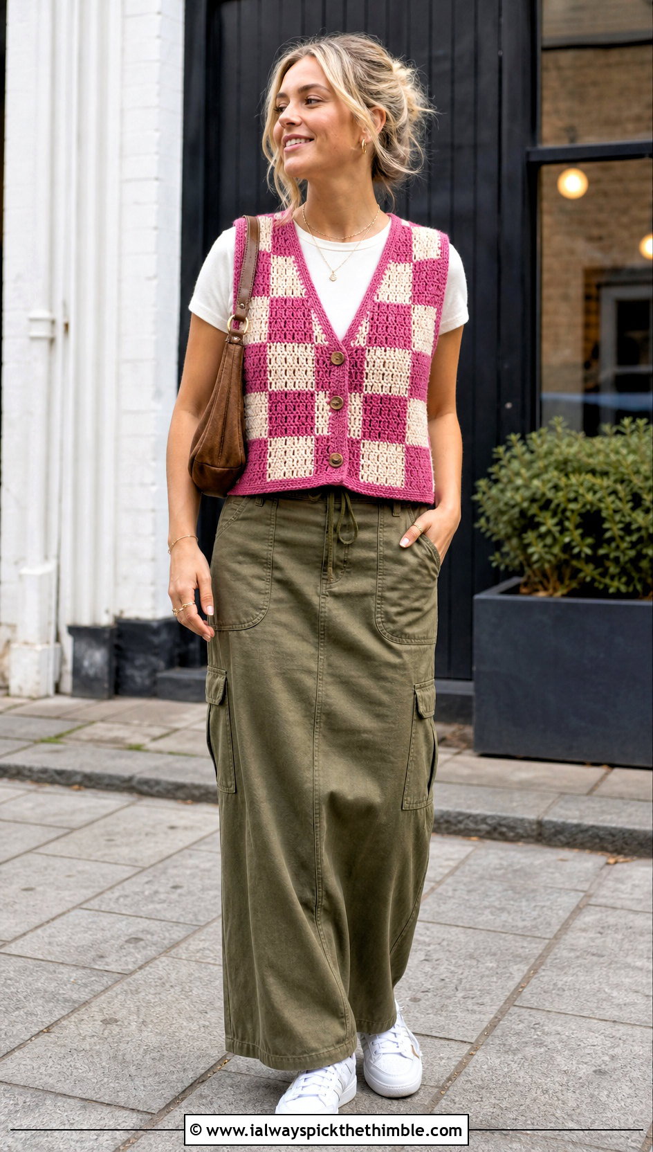 Checkerboard Crochet Vest With Cargo Maxi Skirt - 20 beginner crochet vest outfit ideas