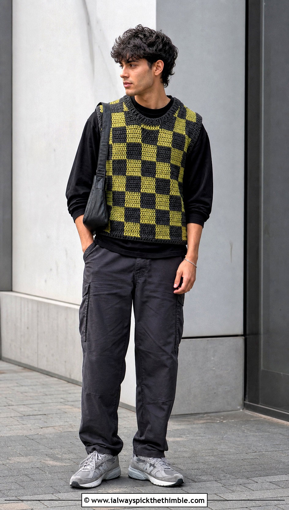 Checkerboard Crochet Vest With Cargo Pants - 25 crochet vest for men outfit ideas