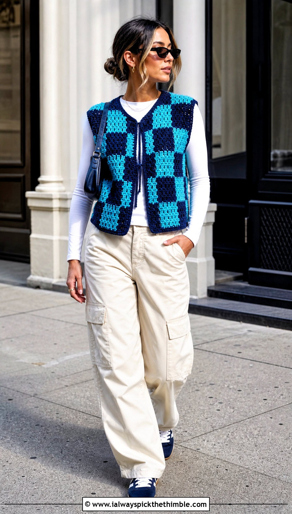 Checkerboard Crochet Vest With Cargo Pants - 15 Crochet Fall Vest outfit ideas