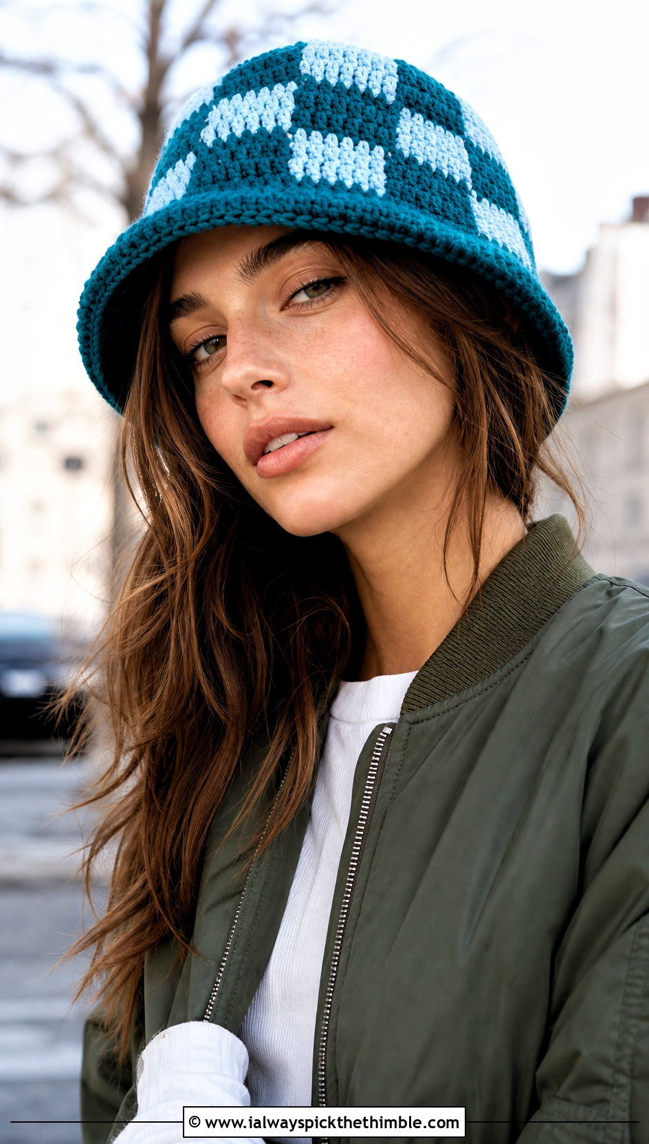 Checkerboard Crochet Winter Bucket Hat With Bomber Jacket - 25 crochet winter bucket hat outfit ideas