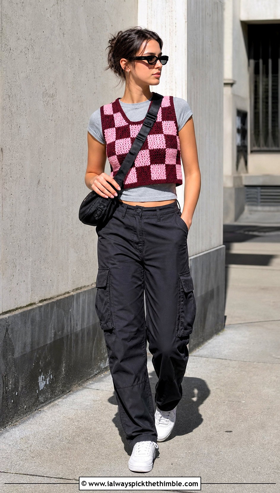 Checkerboard Cropped Crochet Sweater Vest With Cargo Pants - 15 Cropped Crochet Sweater Vest outfit ideas