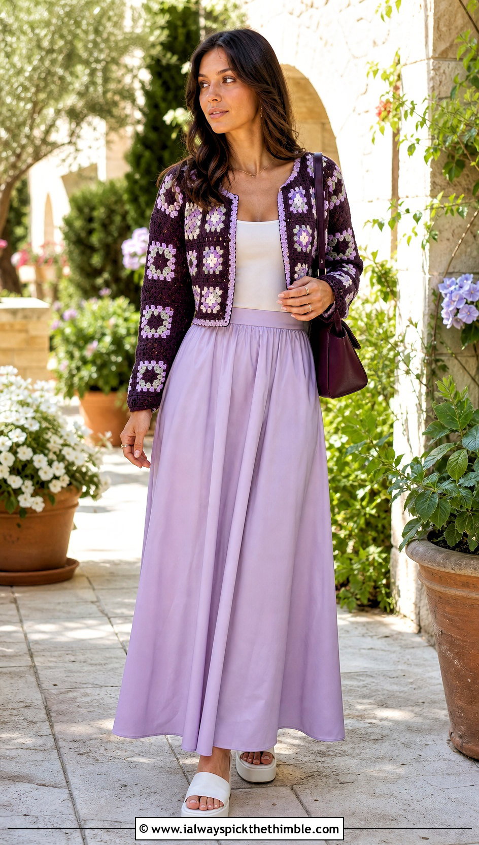 Checkerboard Cropped Granny Square Cardigan With Maxi Skirt - 20 Cropped Granny Square Cardigan outfit ideas