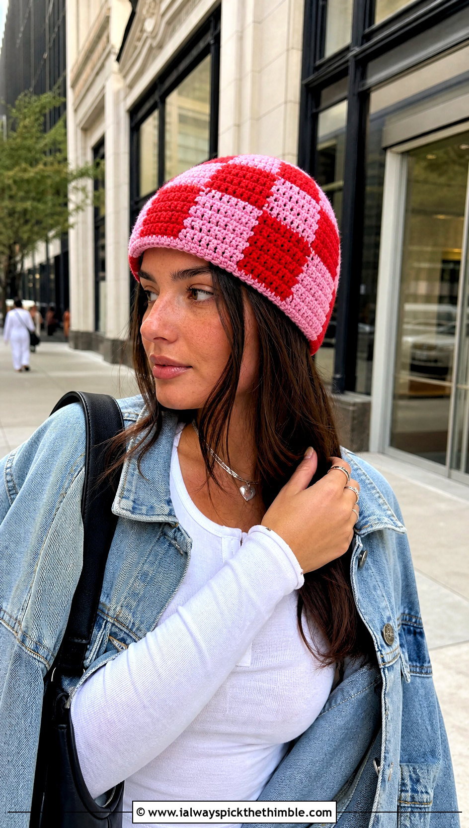 Checkerboard Double Layer Crochet Beanie With Denim Jacket - 15 Double Layer Crochet Hat outfit ideas