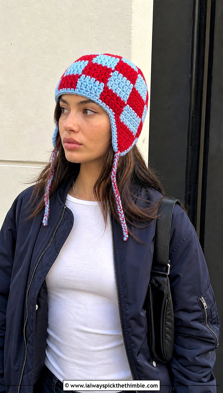 Checkerboard Earflap Crochet Beanie With Bomber Jacket - 20 Earflap Crochet Beanie outfit ideas