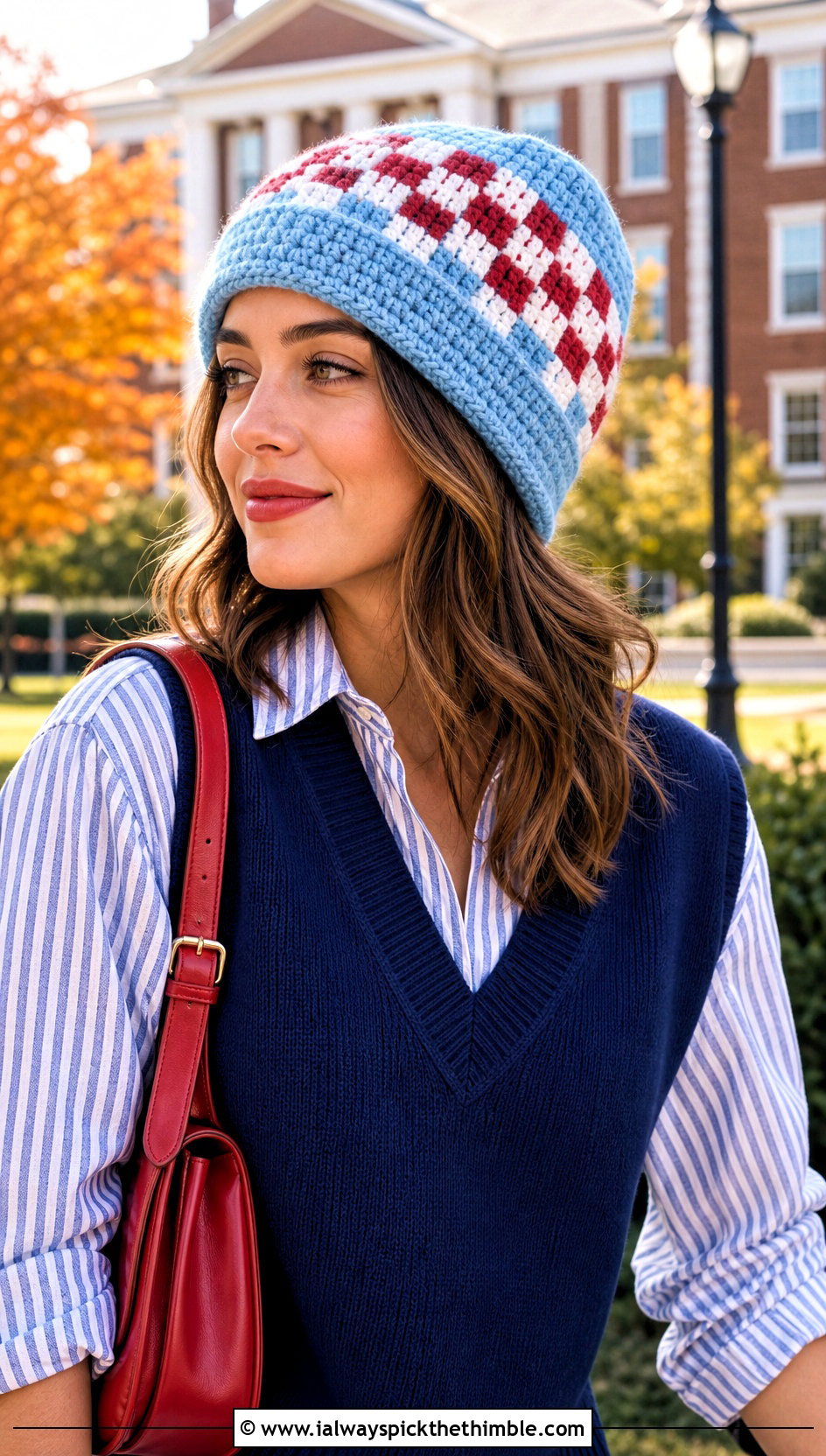 Checkerboard Fair Isle Crochet Beanie With Preppy Layers - 15 Fair Isle Crochet Beanie outfit ideas