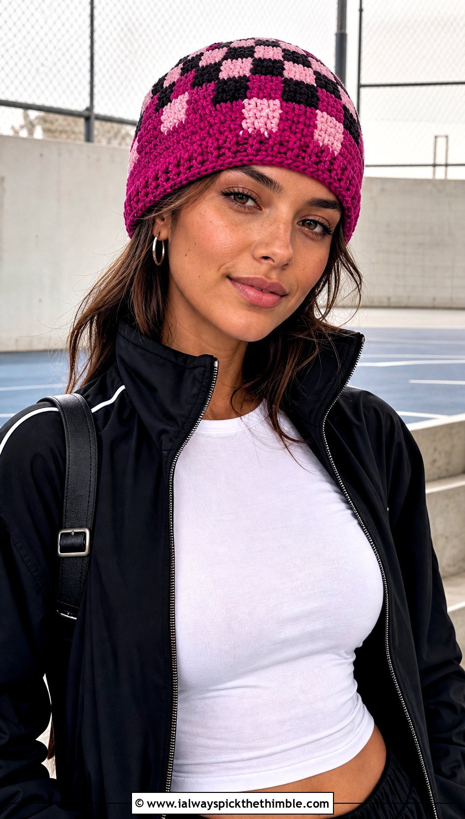 Checkerboard Fair Isle Crochet Beanie With Track Jacket - 20 Crochet Fair Isle Beanie outfit ideas