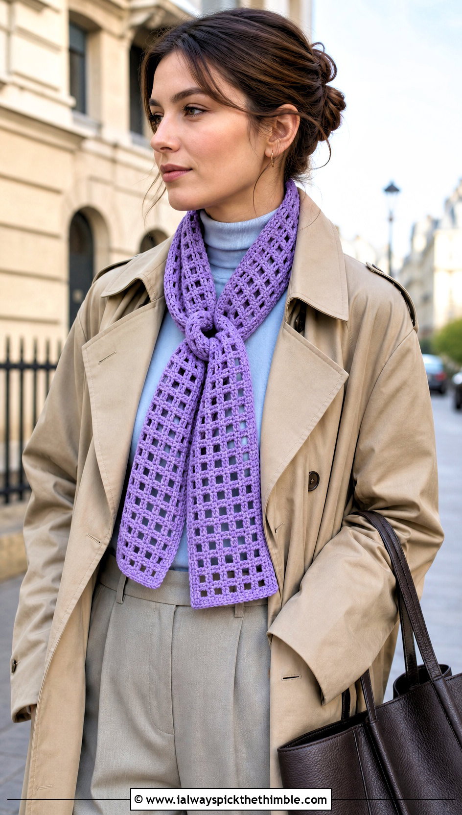 Checkerboard Filet Crochet Keyhole Scarf With A Trench Coat - 25 filet crochet scarf outfit ideas