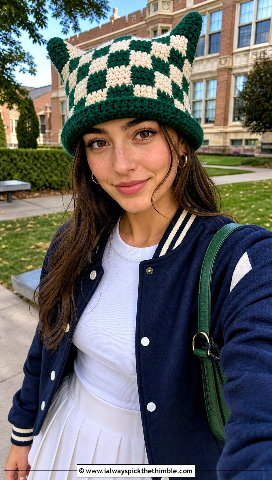 Checkerboard Finn Hat With Varsity Jacket And Tennis Skirt - 25 crochet finn hat outfit ideas
