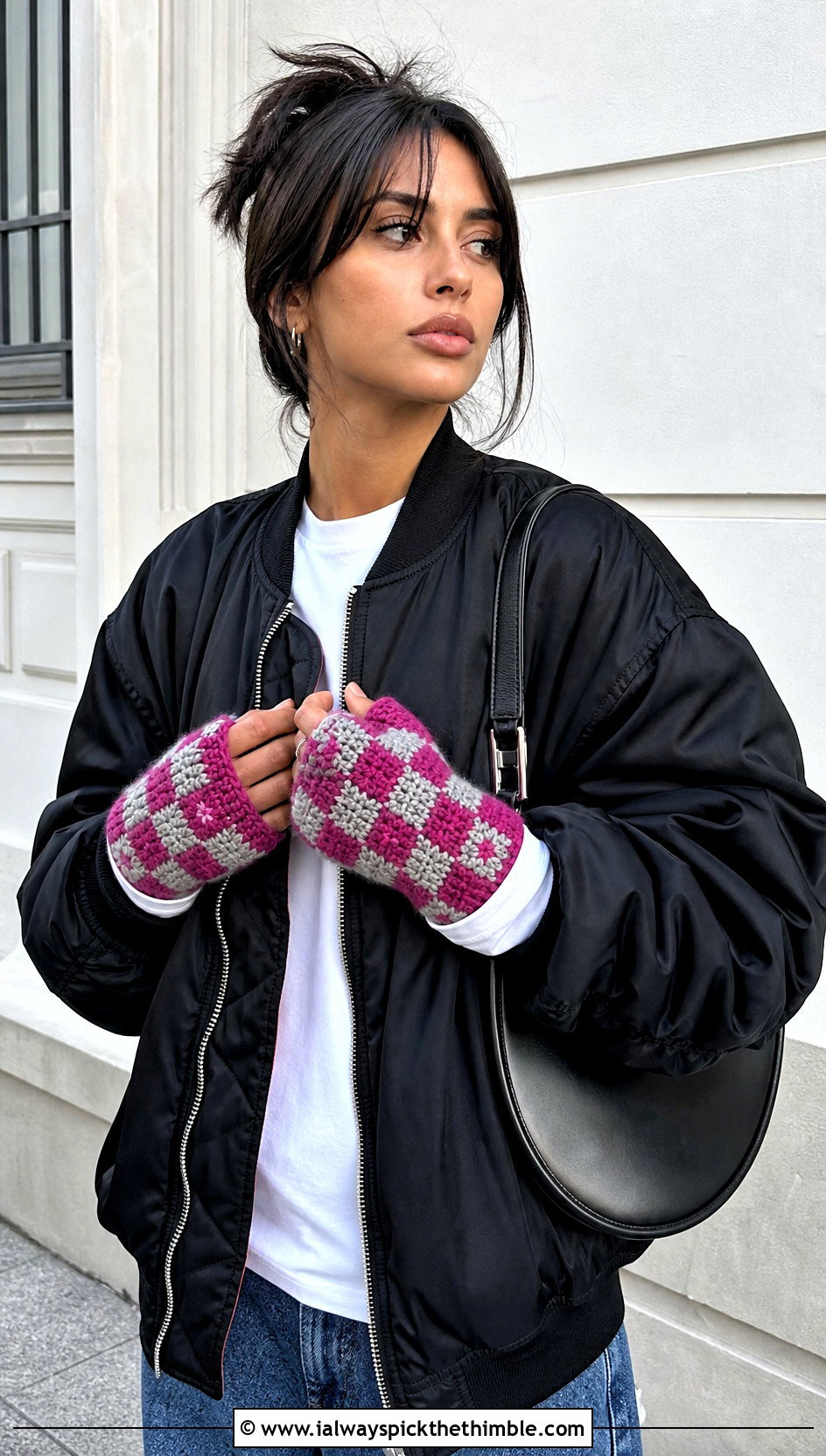Checkerboard Flap Crochet Gloves With Bomber Jacket - 20 crochet fingerless gloves with flap outfit ideas