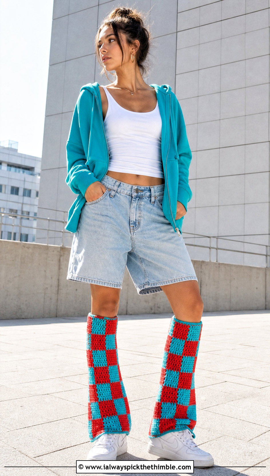 Checkerboard Flared Crochet Leg Warmers With Denim Shorts - 20 flared crochet leg warmers outfit ideas