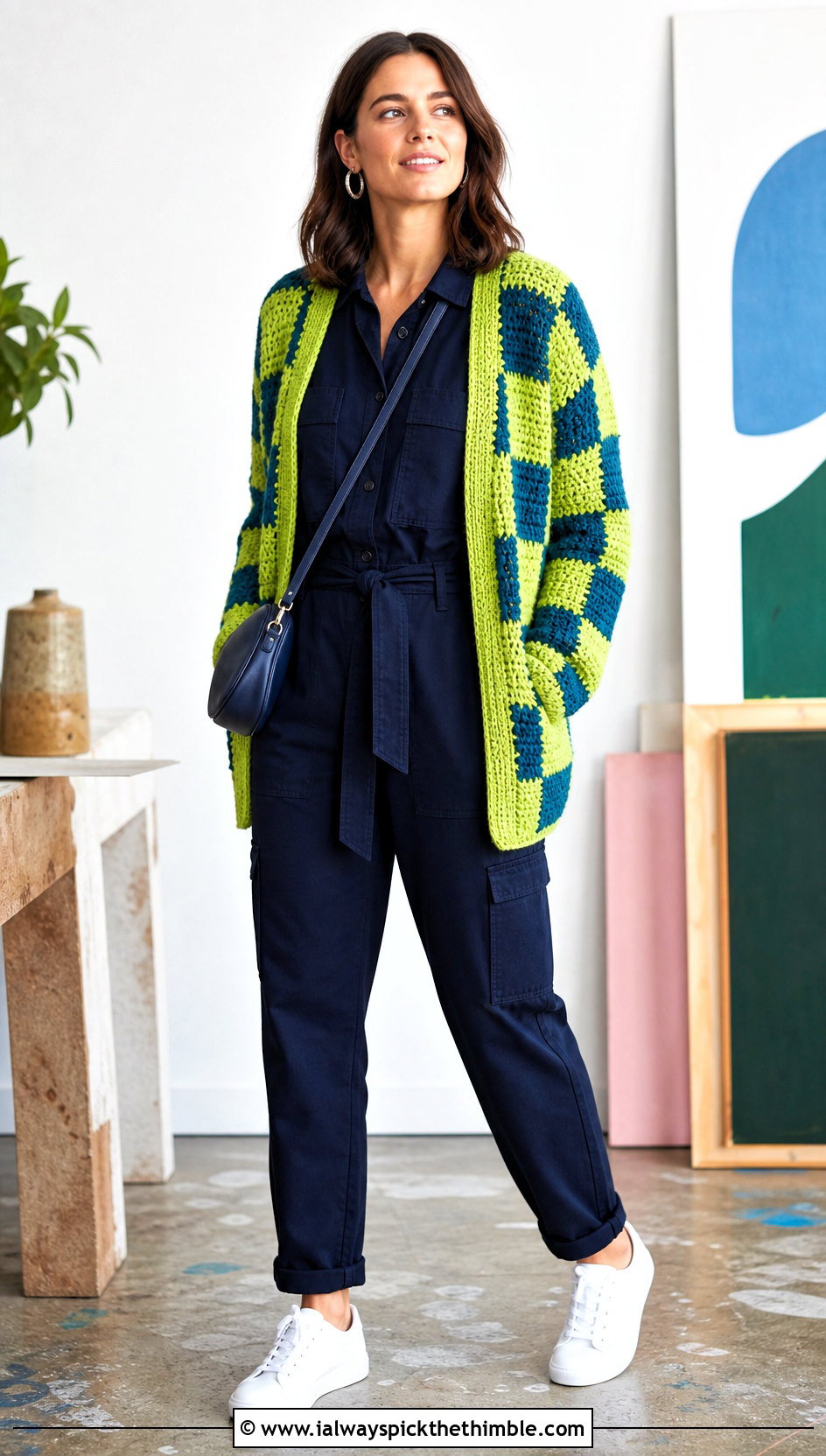 Checkerboard Grandpa Crochet Cardigan With Utility Jumpsuit - 20 grandpa crochet cardigan outfit ideas