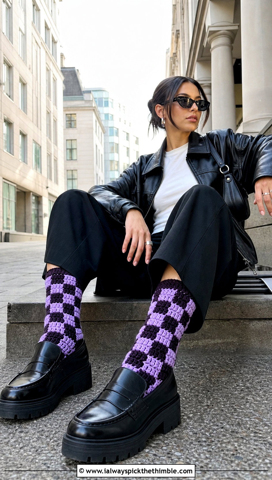 Checkerboard Granny Crew Socks With Leather Jacket - 20 Crochet Granny Socks outfit ideas