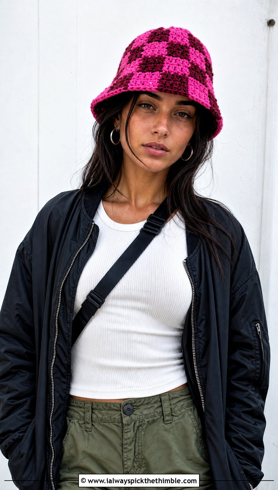 Checkerboard Granny Crochet Bucket Hat With Cargo Pants - 20 granny crochet bucket hat outfit ideas