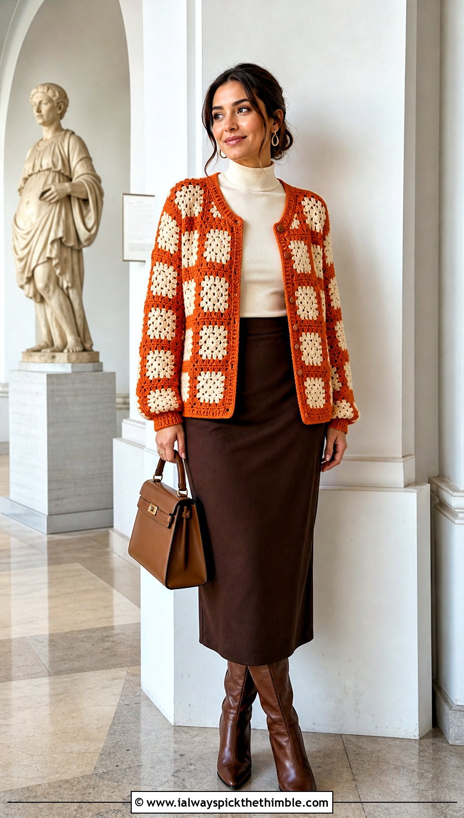 Checkerboard Granny Crochet Cardigan With Column Skirt - 20 granny crochet sweater outfit ideas